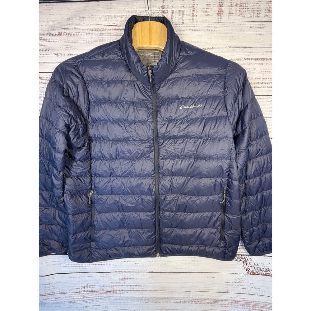 Eddie Bauer Puffer Jacket Mens 2XL Navy Blue Down Quilted Full Zip Coat Packable